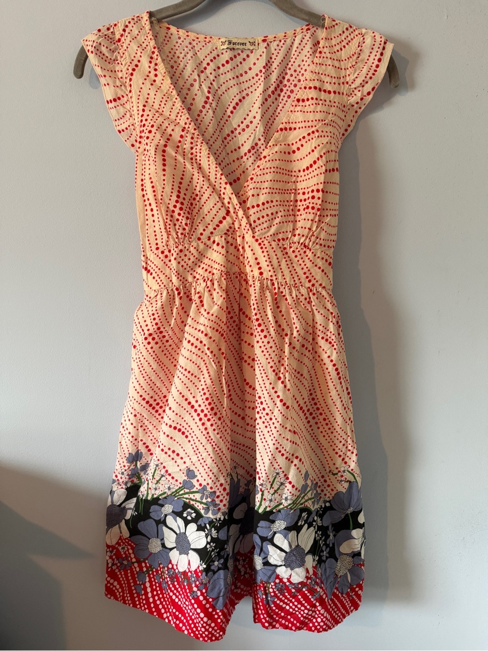Forever 21 Cream and Red Dot Wrap Dress with Blue Floral Hem